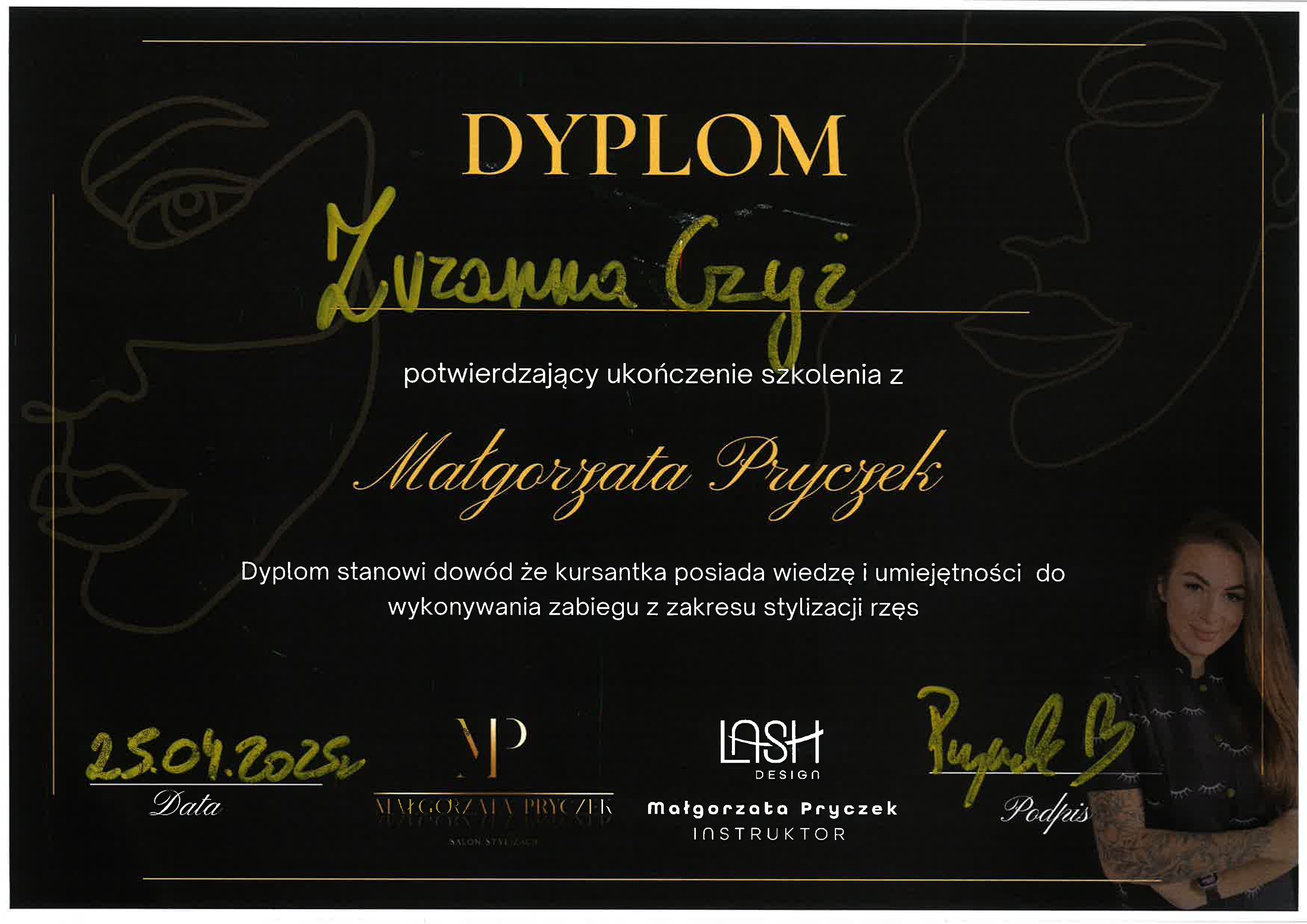 Dyplom ukończenia szkolenia z stylizacji rzęs